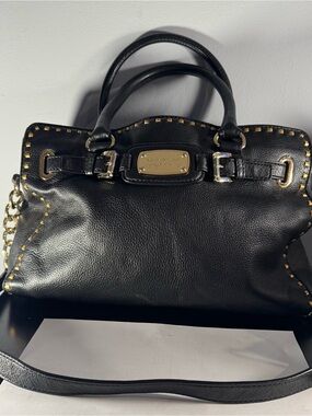 Michael Kors Black Leather Satchel with Gold Hardware and Stud Trim